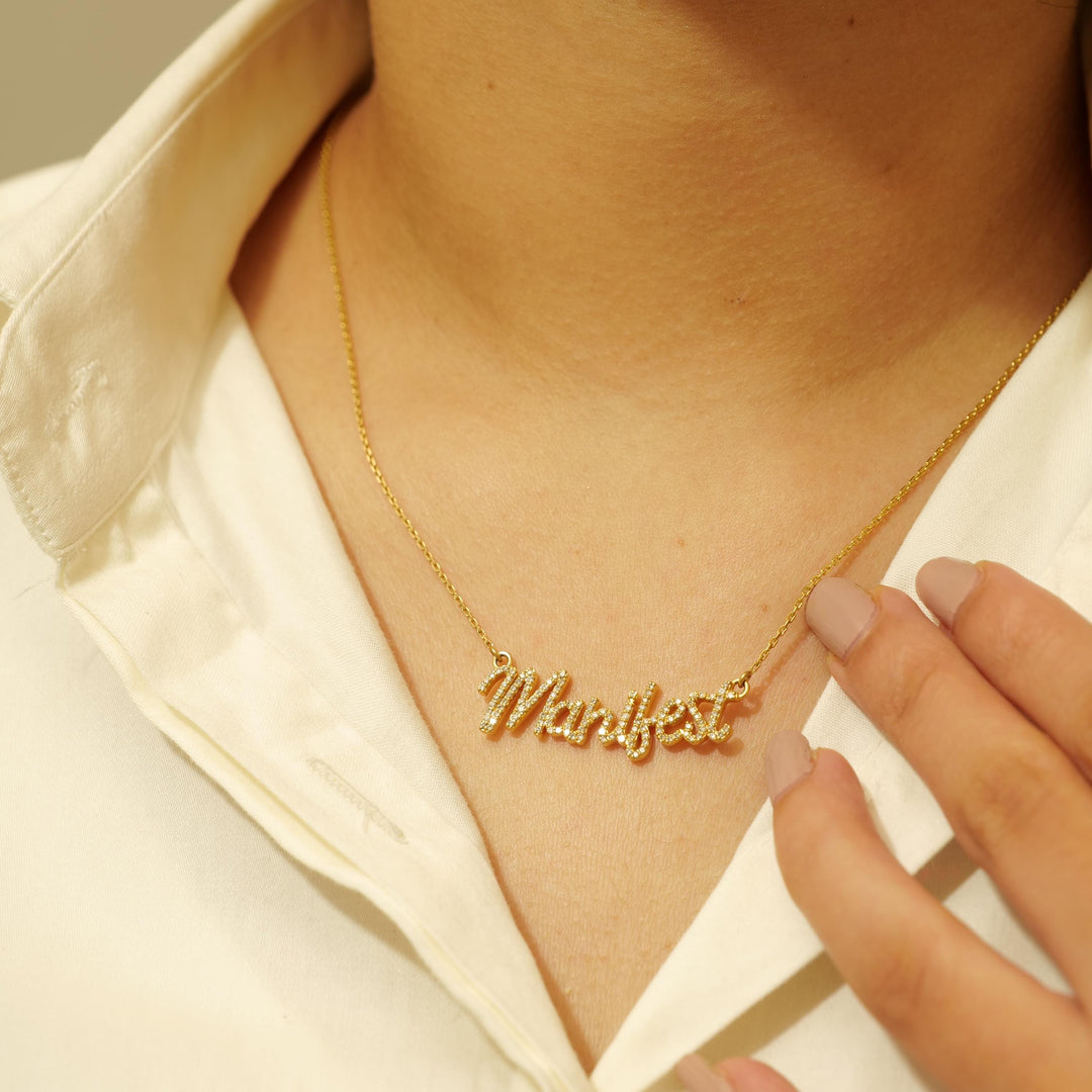 Manifest Diamond Pendant Necklace, 14k Solid Gold, Natural Diamonds, Affirmation Everyday Stacking Jewelry, Ready To Ship, IGI Certified
