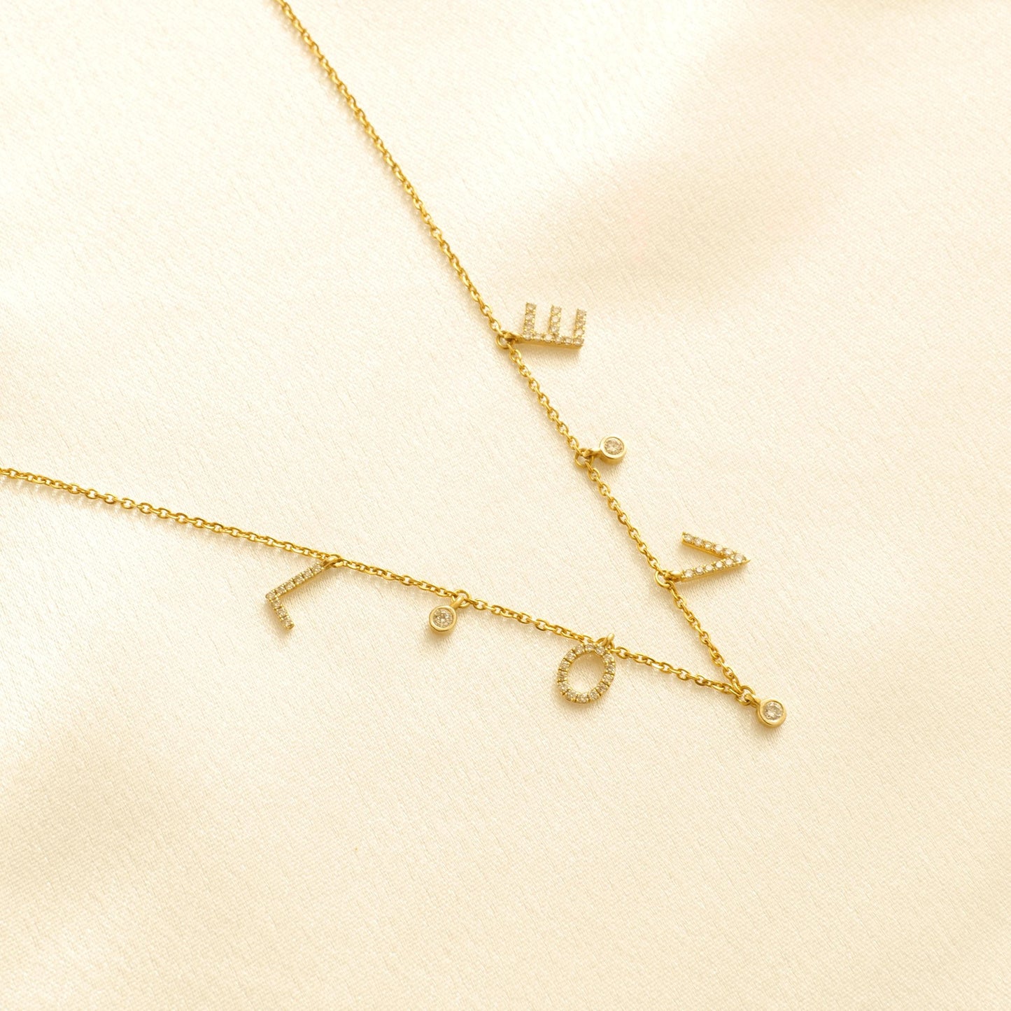 Love Dangle Diamond Drop Necklace, 14k Solid Gold, Natural Diamonds, Affirmation Statement Jewelry, Letter Chain Jewelry, Everyday Necklace