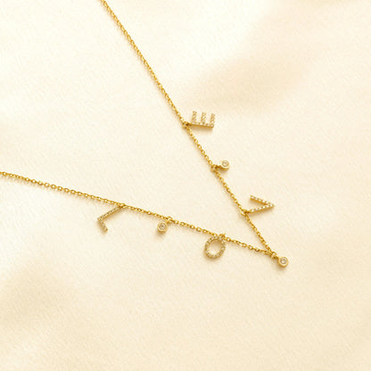 Love Dangle Diamond Drop Necklace, 14k Solid Gold, Natural Diamonds, Affirmation Statement Jewelry, Letter Chain Jewelry, Everyday Necklace