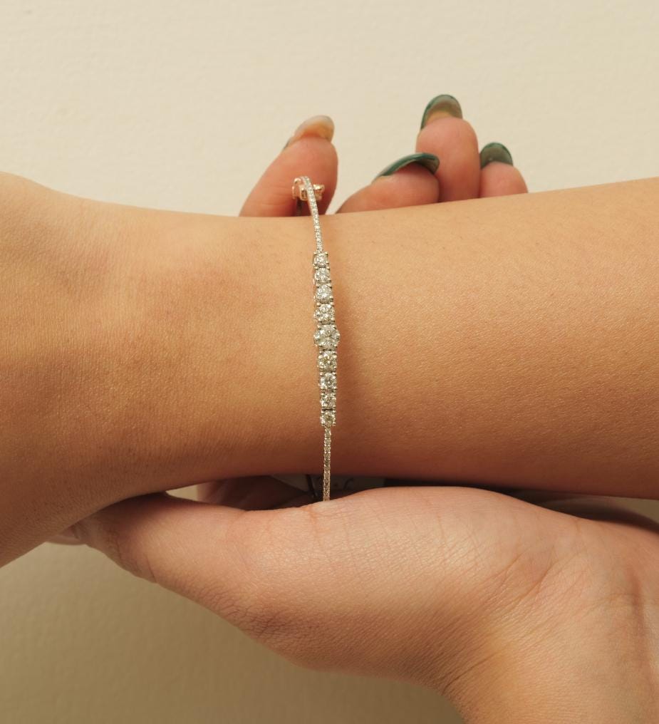 Solitaire Diamond Cuff Bracelet, 14k Solid Gold, Natural Diamonds, Stackable Bangle Bracelet, Minimalist Statement Jewelry