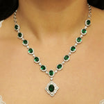Load image into Gallery viewer, Halo Oval Emerald Diamond Necklace, 14k Solid Gold, Natural Diamonds, Bridal Statement Green Gemstone Necklace, Wedding Cluster Jewelry
