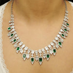 Load image into Gallery viewer, Halo Emerald Diamond Drop Necklace, 14k Solid Gold, Natural Diamond, Illusion Baguette Gemstone Necklace, Jewelry, Statement Wedding Jewelry
