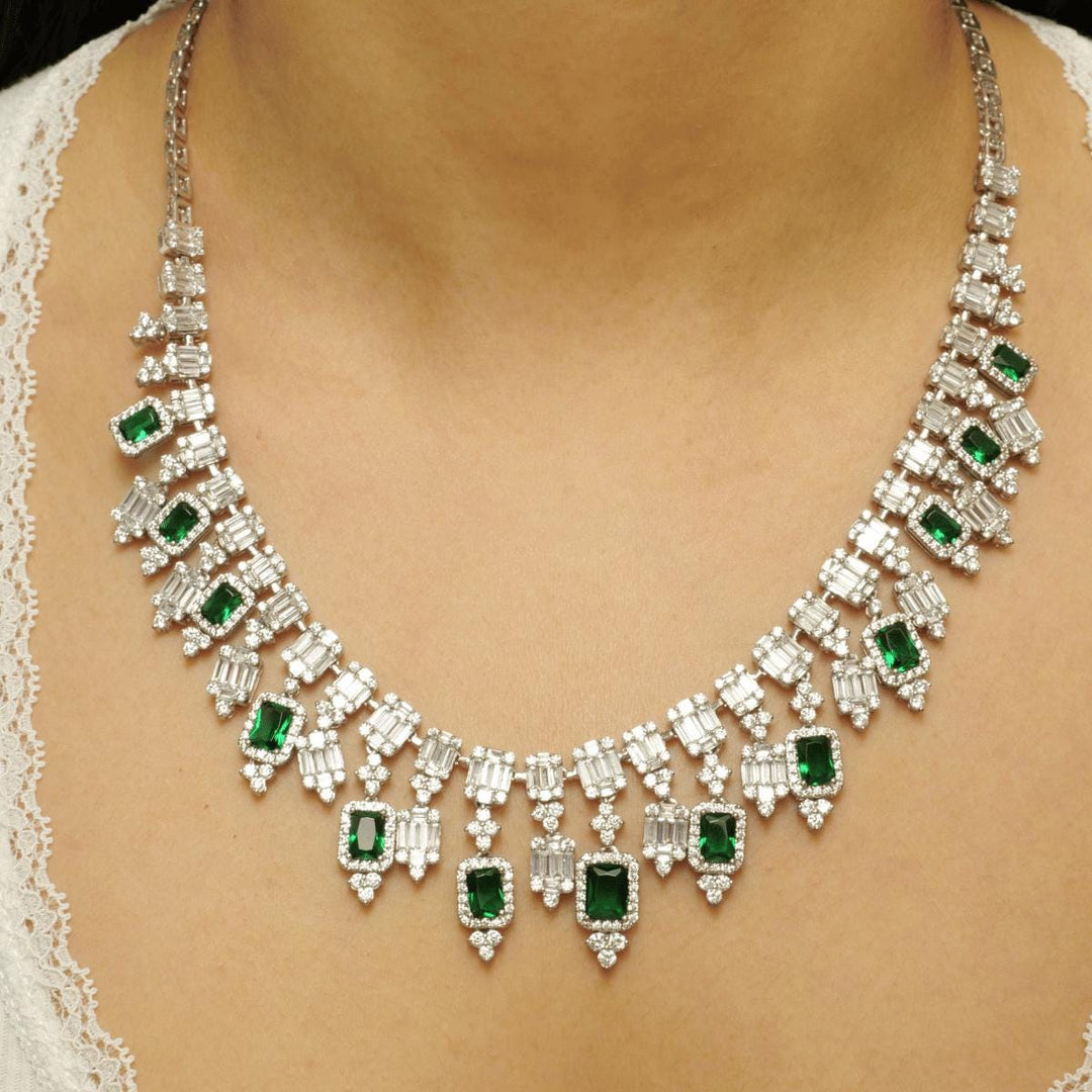 Halo Emerald Diamond Drop Necklace, 14k Solid Gold, Natural Diamond, Illusion Baguette Gemstone Necklace, Jewelry, Statement Wedding Jewelry