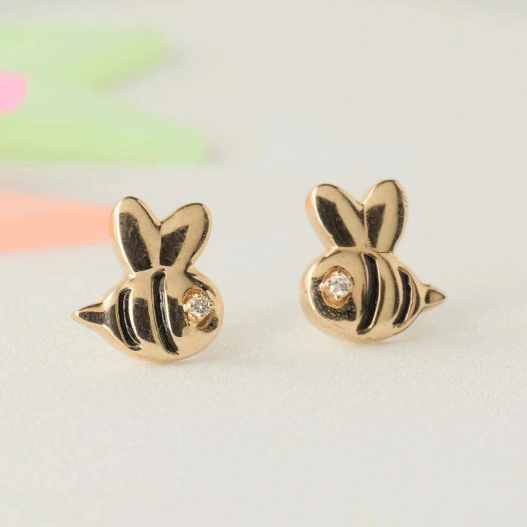 Bee Diamond Stud Earrings, 14k Solid Gold, Natural Diamond, Kids Jewelry, Enamel Everyday Earring, Gift For Toddler, Kids And Girls