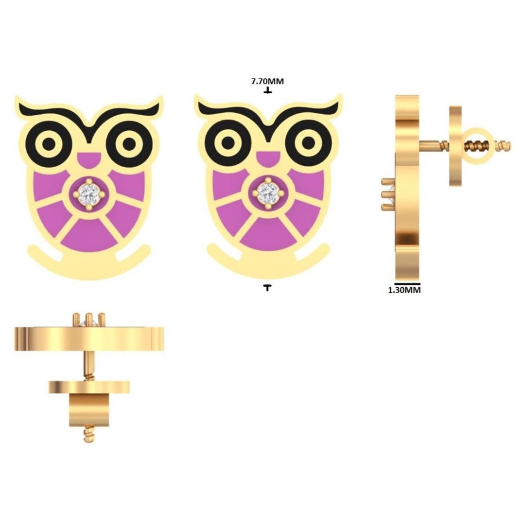 Owl Diamond Kids Stud Earrings, Enamel Studs, 14k Solid Gold, Natural Diamond, Gift for toddlers/girls/kid, Ready to Ship