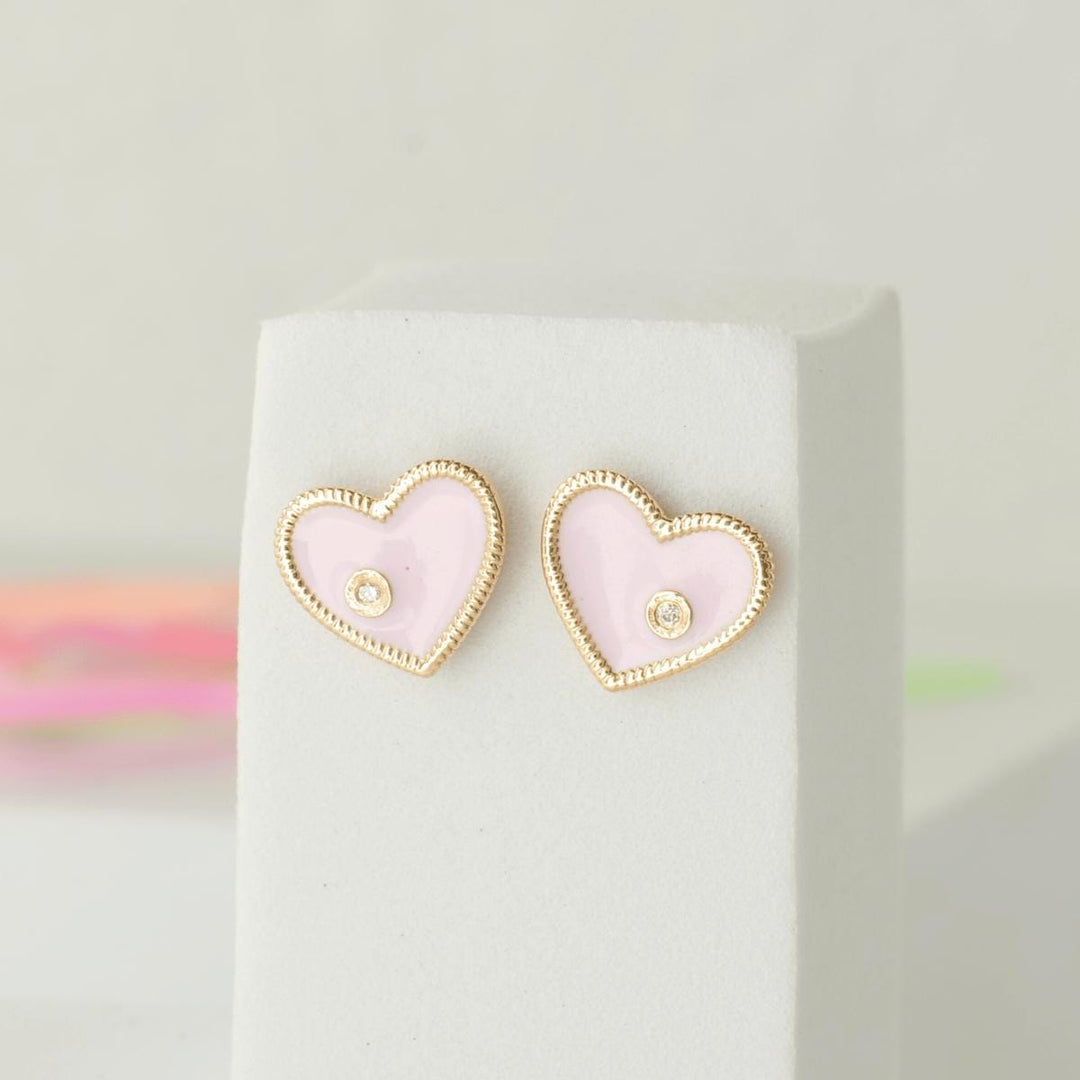 Heart Diamond Kids Stud Earrings, Pink Enamel Studs, 14k Solid Gold, Natural Diamonds, Everyday jewelry, Gift for toddlers, girls and kids