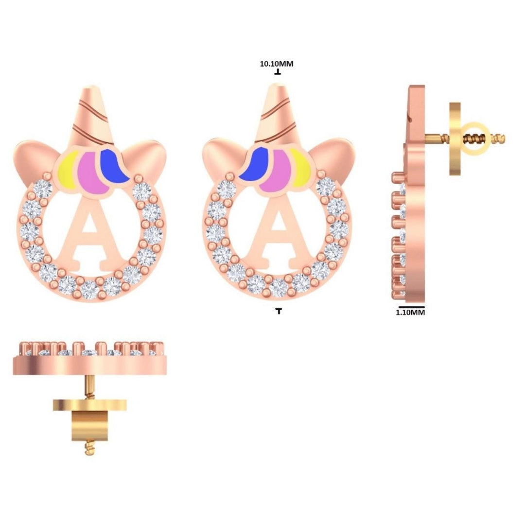Unicorn Initial Diamond Kids Stud Earrings, 14k Solid Gold, Natural Diamond, Minimalistic Everyday jewelry, Gift for toddlers, girls and kid