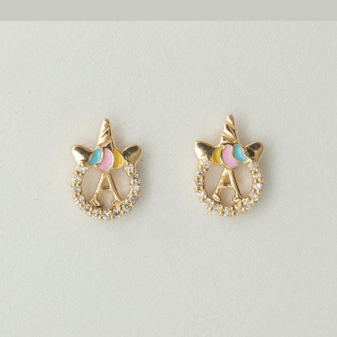 Unicorn Initial Diamond Kids Stud Earrings, 14k Solid Gold, Natural Diamond, Minimalistic Everyday jewelry, Gift for toddlers, girls and kid