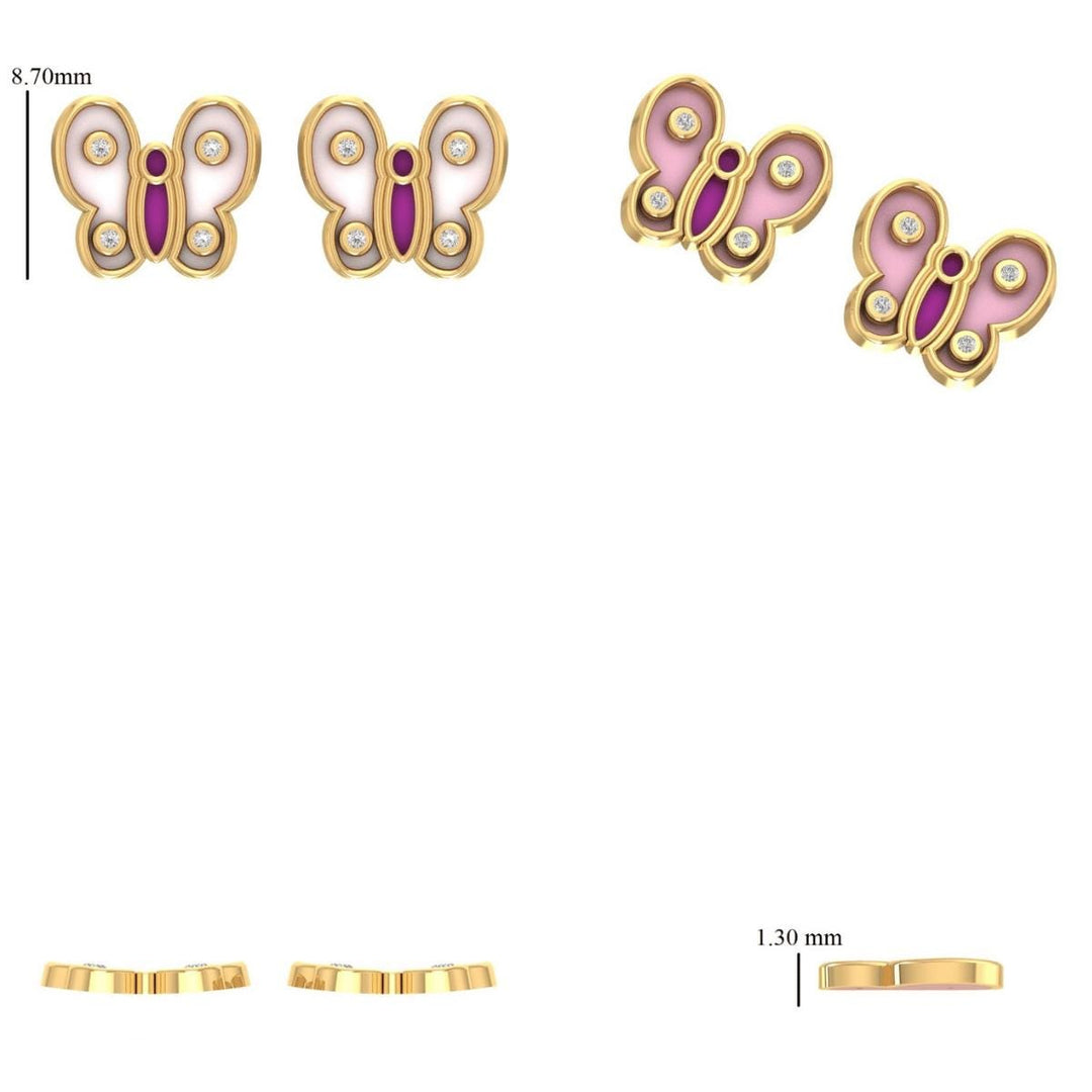 Kids Butterfly Diamond Earrings, 14k Solid Gold, Colorful Enamel Wing Studs, Natural Diamonds, Gift for girls, Ready To Ship, HRD Certified