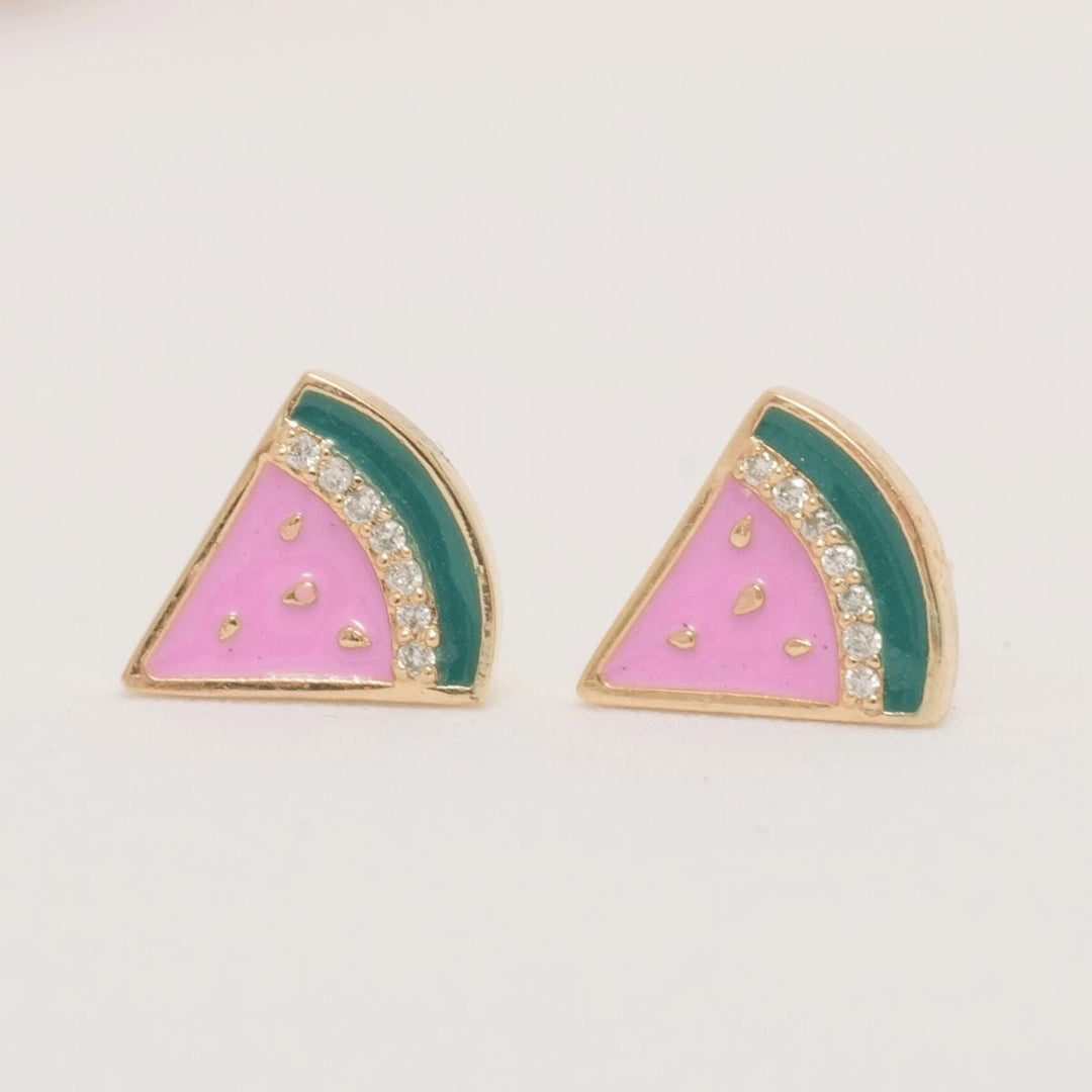 Kids Watermelon Diamond Earrings, 14k Solid Gold, Colorful Enamel Studs, Natural Diamonds, Gift for toddlers/girls/kids, Ready To Ship