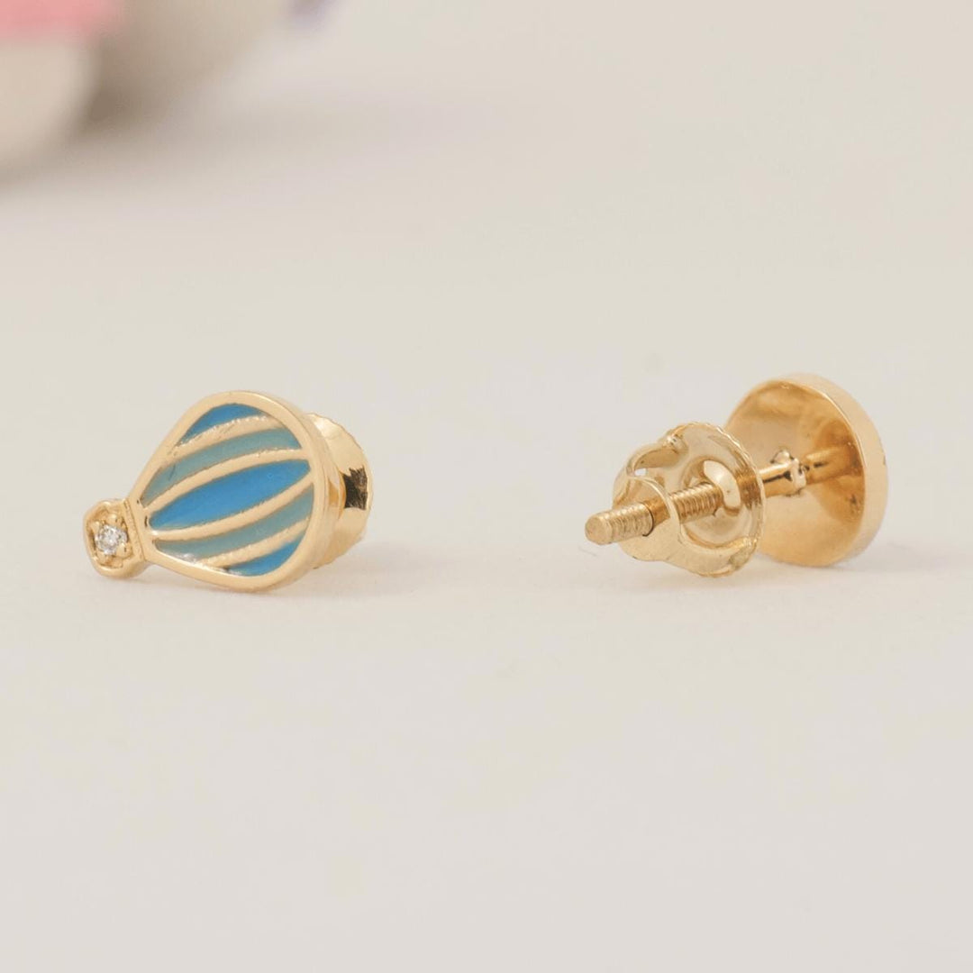 Kids Hot Air Balloon Diamond Earrings, 14k Solid Gold, Colorful Enamel Studs, Natural Diamonds, Gift for toddlers/girls/kids, Ready To Ship