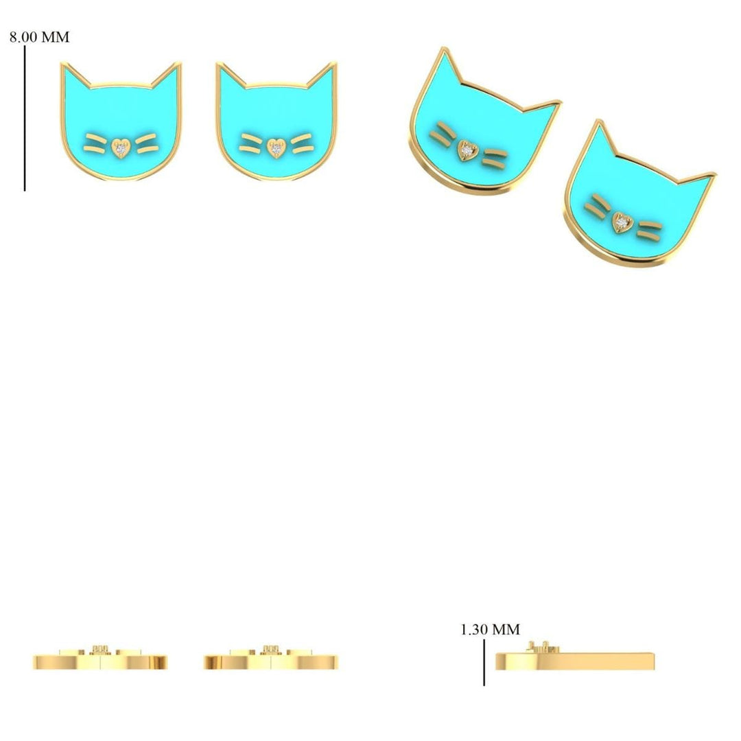 Kids Cat Diamond Earrings, 14k Solid Gold, Pink Enamel Studs, Natural Diamonds, Everyday Jewelry, Gift for toddlers/girls, Ready To Ship