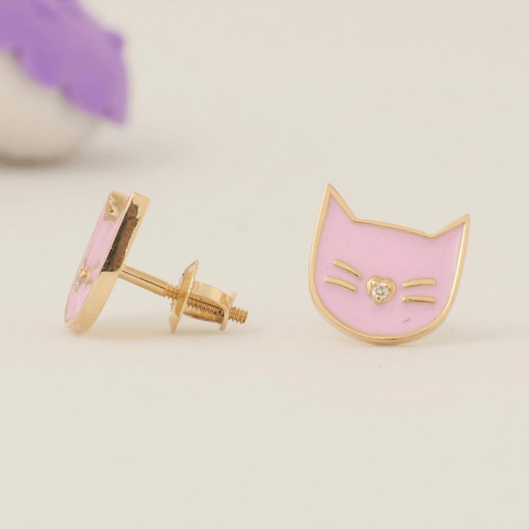 Kids Cat Diamond Earrings, 14k Solid Gold, Pink Enamel Studs, Natural Diamonds, Everyday Jewelry, Gift for toddlers/girls, Ready To Ship