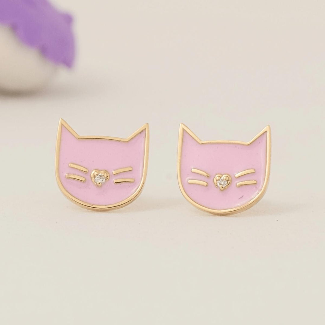 Kids Cat Diamond Earrings, 14k Solid Gold, Pink Enamel Studs, Natural Diamonds, Everyday Jewelry, Gift for toddlers/girls, Ready To Ship