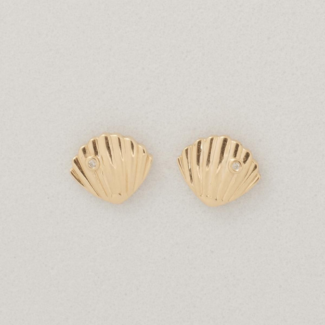 Seashell Diamond Kids Earrings, 14k Solid Gold, Natural Diamond, Minimalistic Everyday Studs, Ocean Jewelry, Gift for toddlers, girl and kid