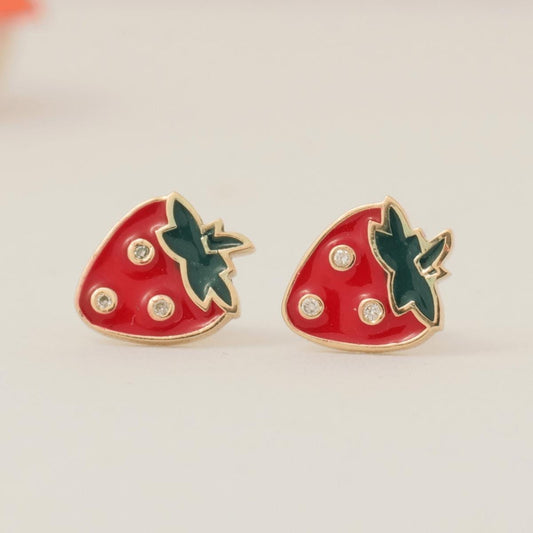 Strawberry Diamond Kids Studs, 14k Solid Gold, Natural Diamond, Enamel Fruit Earrings, Everyday Jewelry, Gift for toddlers, girls and kids