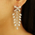 Load image into Gallery viewer, Bow Leaf Diamond Dangle Earrings, 14k Solid Gold, Natural Diamonds, Cocktail Drop Earrings, Bridal Statement Earrings, Baguette Vine Drops
