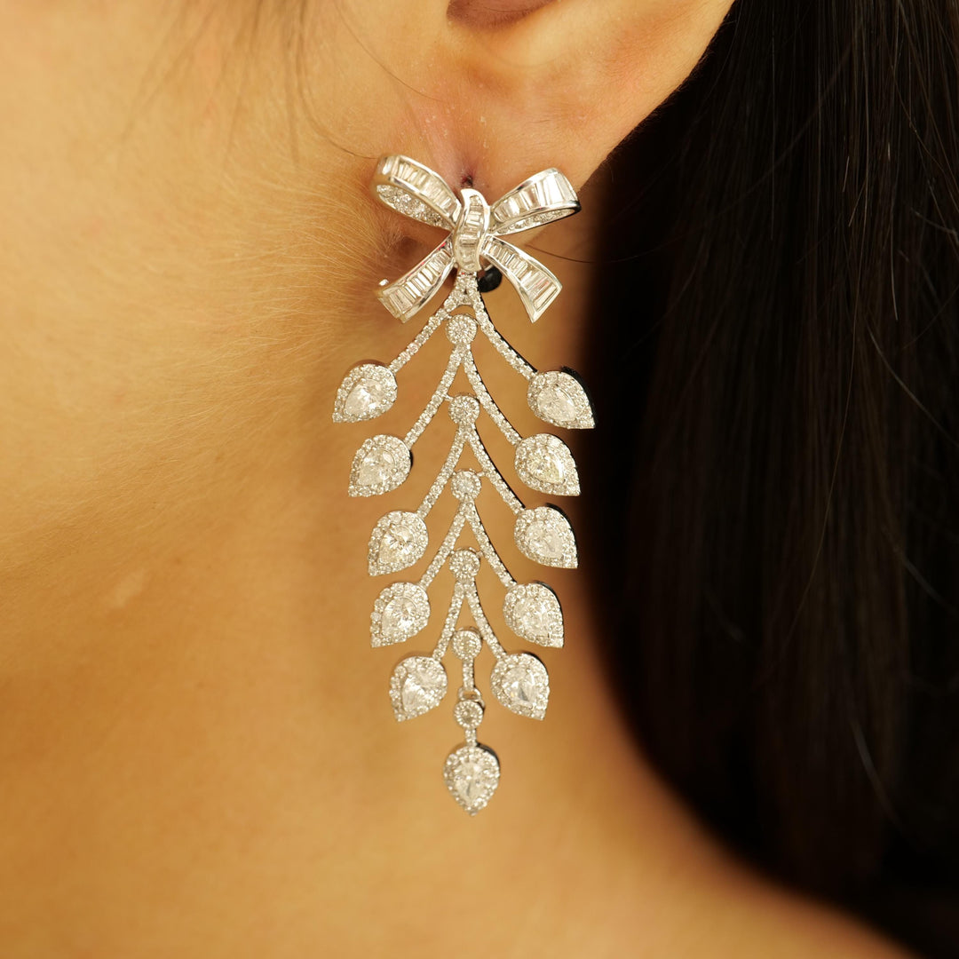 Bow Leaf Diamond Dangle Earrings, 14k Solid Gold, Natural Diamonds, Cocktail Drop Earrings, Bridal Statement Earrings, Baguette Vine Drops