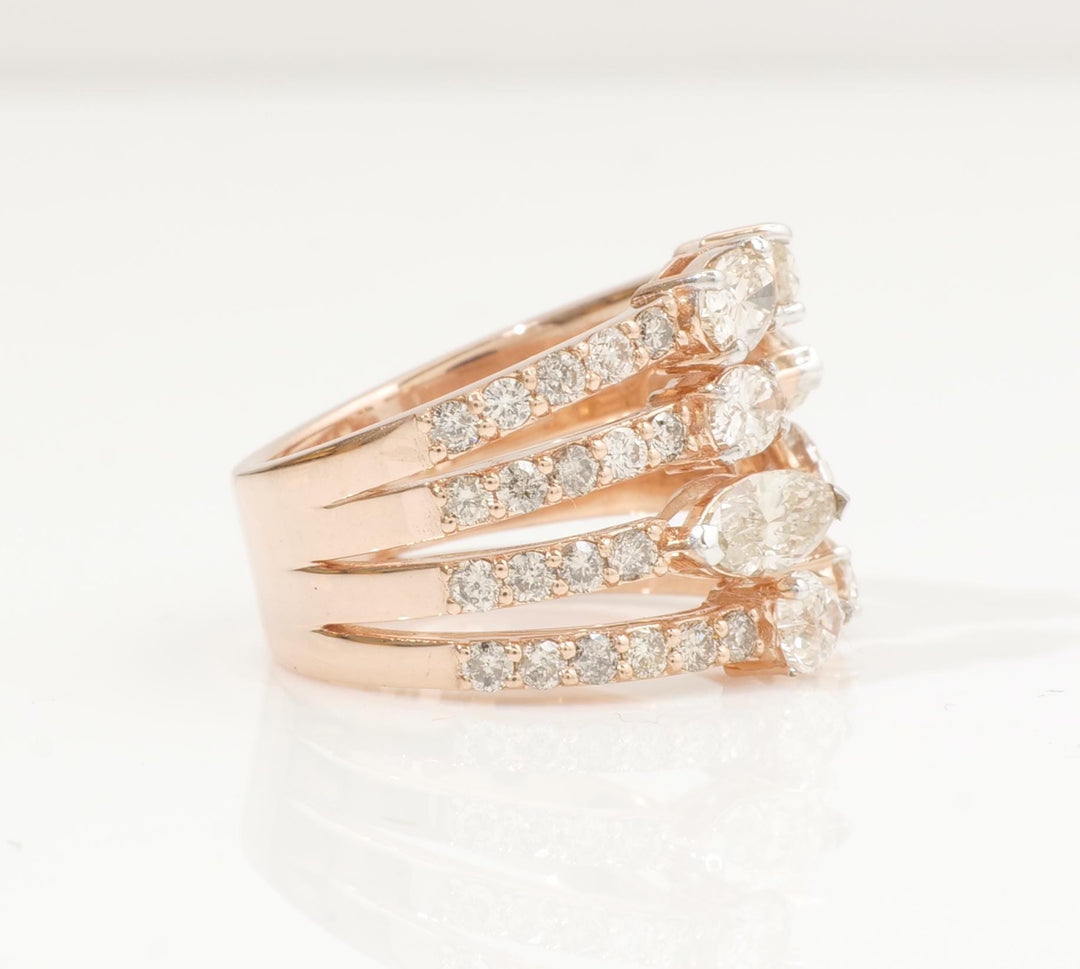 Pear & Oval Diamond Broad Band Ring, 14k Solid Gold Ring, Natural Diamonds, Multi-Row Cocktail Statement Band, Ready To Ship, HRD Certified