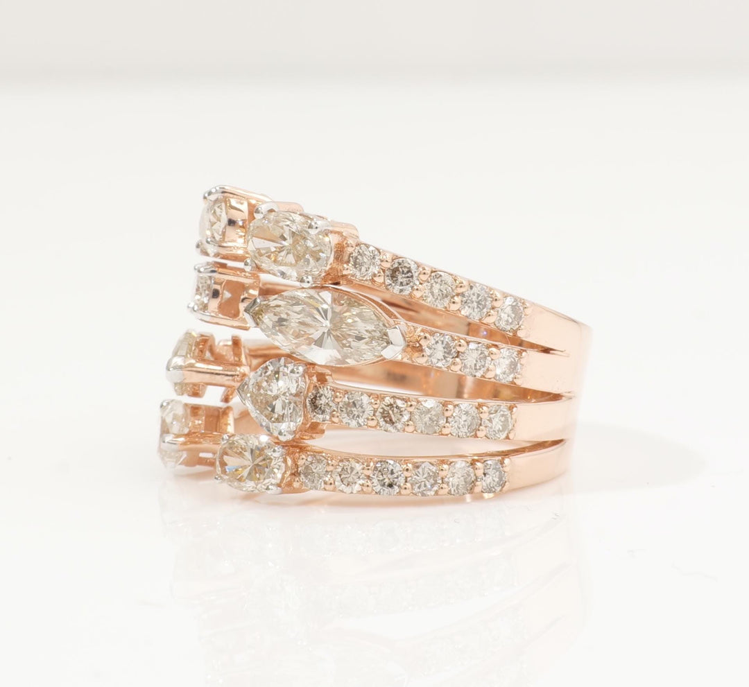 Pear & Oval Diamond Broad Band Ring, 14k Solid Gold Ring, Natural Diamonds, Multi-Row Cocktail Statement Band, Ready To Ship, HRD Certified