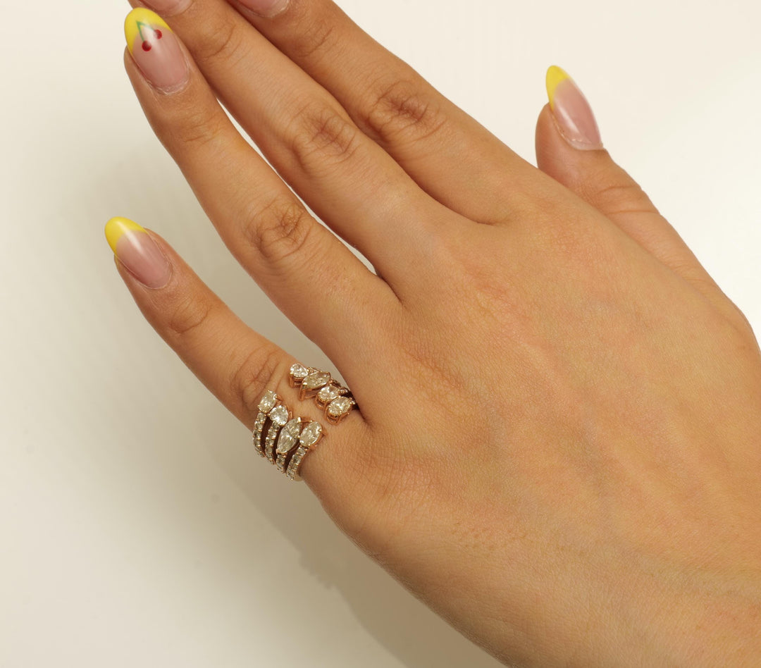 Pear & Oval Diamond Broad Band Ring, 14k Solid Gold Ring, Natural Diamonds, Multi-Row Cocktail Statement Band, Ready To Ship, HRD Certified