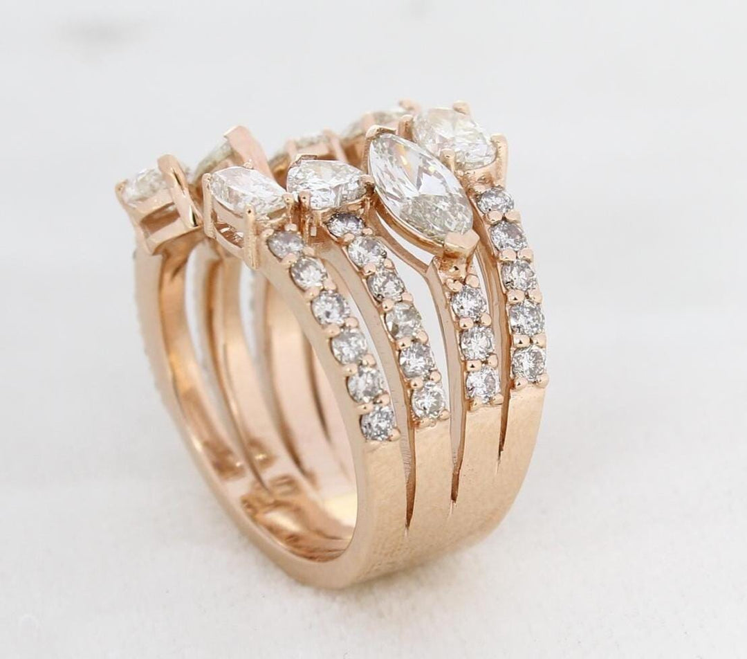 Pear & Oval Diamond Broad Band Ring, 14k Solid Gold Ring, Natural Diamonds, Multi-Row Cocktail Statement Band, Ready To Ship, HRD Certified