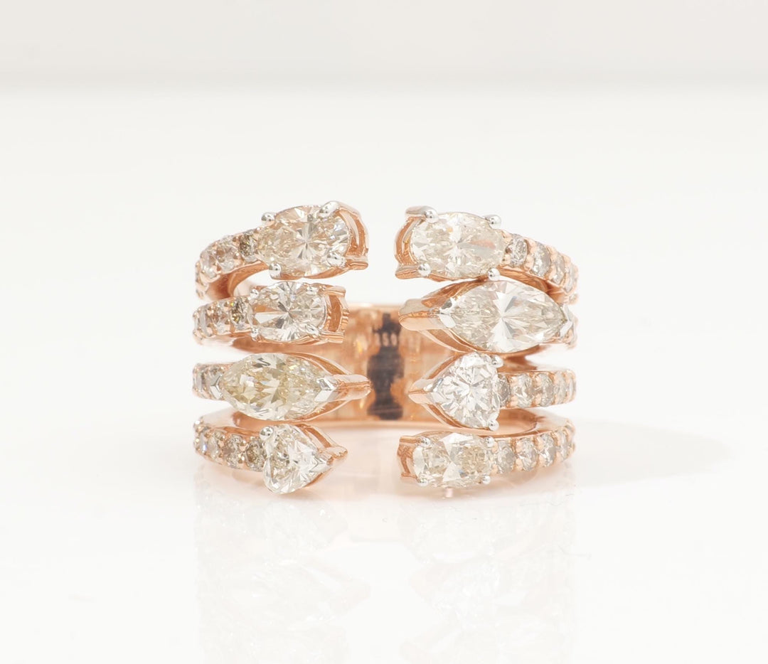Pear & Oval Diamond Broad Band Ring, 14k Solid Gold Ring, Natural Diamonds, Multi-Row Cocktail Statement Band, Ready To Ship, HRD Certified