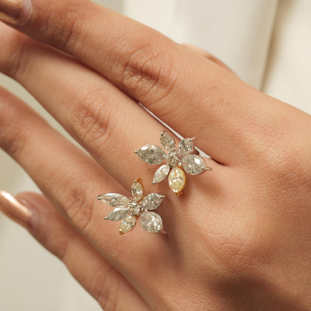 Floral Marquise Diamond Ring, 14K Solid Gold, Natural Diamonds, Cluster Open Cuff Ring, Cocktail Ring, Bold Statement Ring, Gift For Her