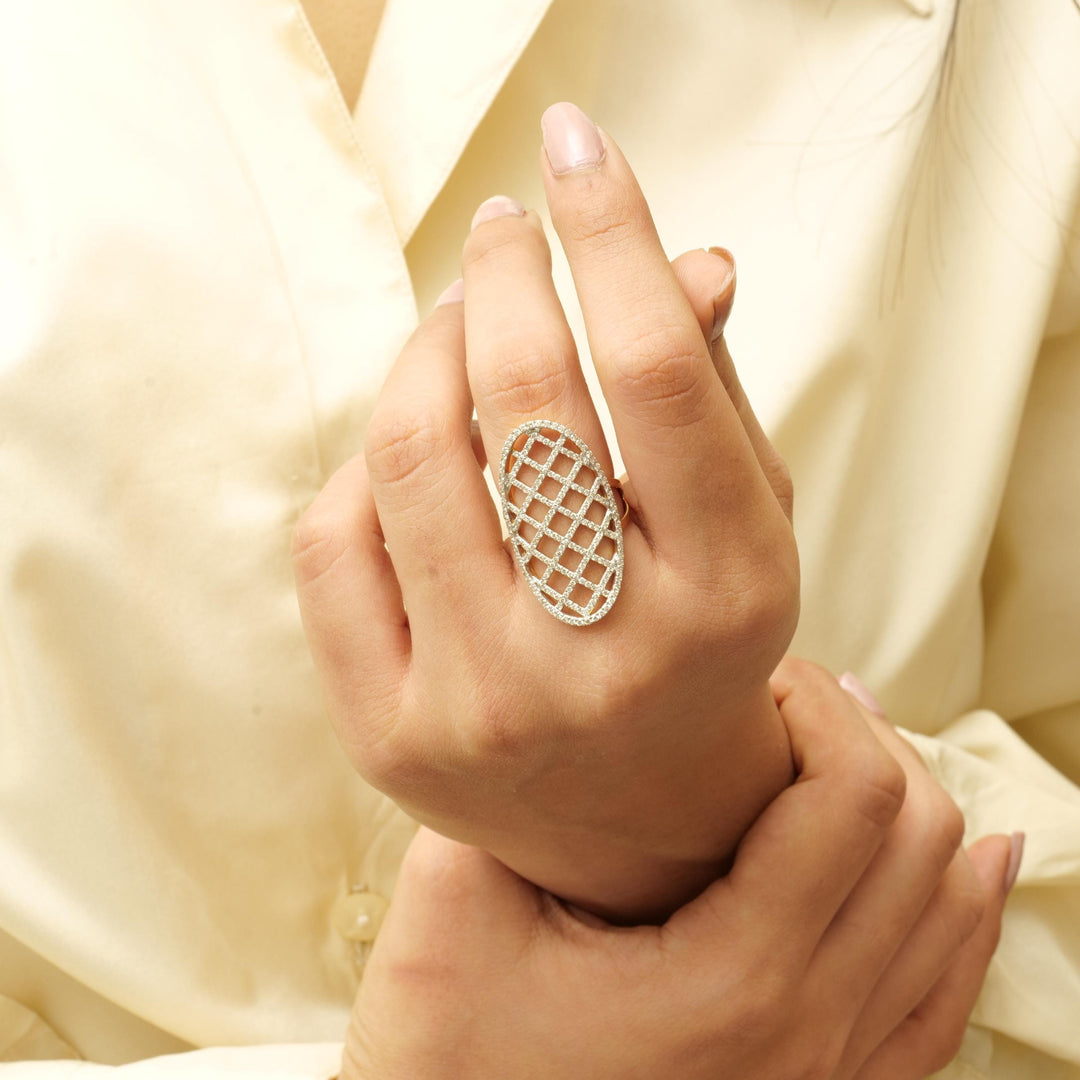 Oval Mesh Diamond Ring, 14k Solid Gold, Natural Diamonds, Full Finger Statement Ring, Cocktail Ring, Bold Evening Jewelry, Gift for Her