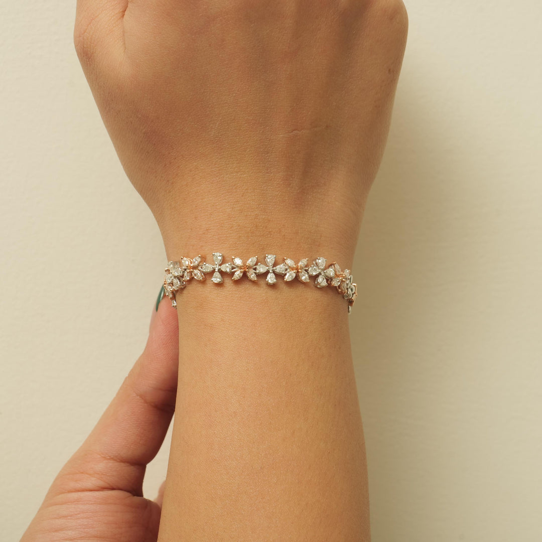 Floral Link Natural Diamond Tennis Bracelet; 14k Solid Gold Two-Toned Flower Jewellery, Certified Jewelry