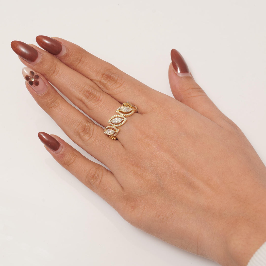 Marquise Leaves Diamond Band Ring, 14k Solid Gold, Natural Diamonds, Engagement Stack, Half Eternity Band, Halo Cocktail Ring, Gift For Her