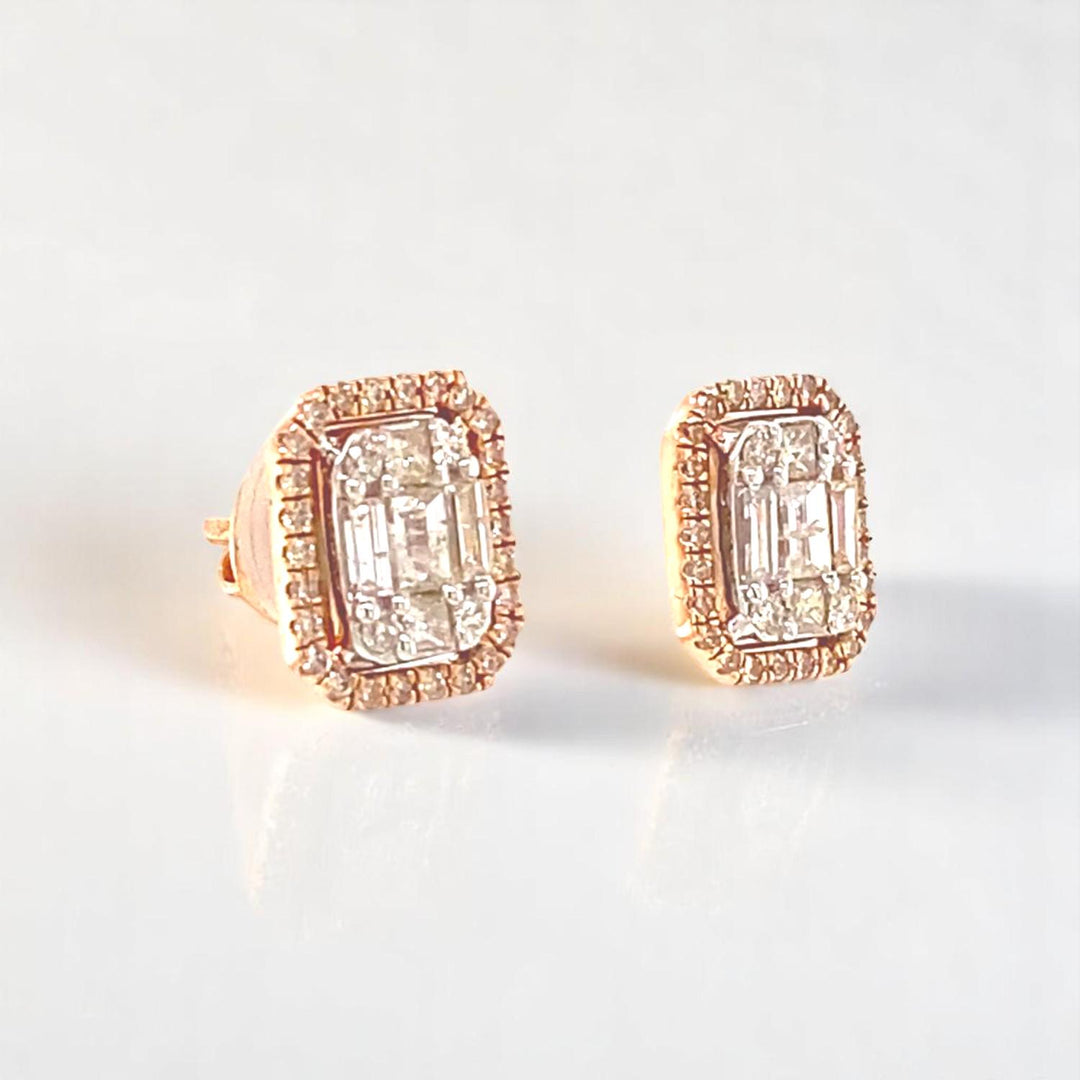 Diamond Halo Earrings, Illusion Setting, 14k Solid Gold, Baguette & Round Natural Diamonds, Everyday Studs, Ready To Ship, Women&#39;s Day Gift