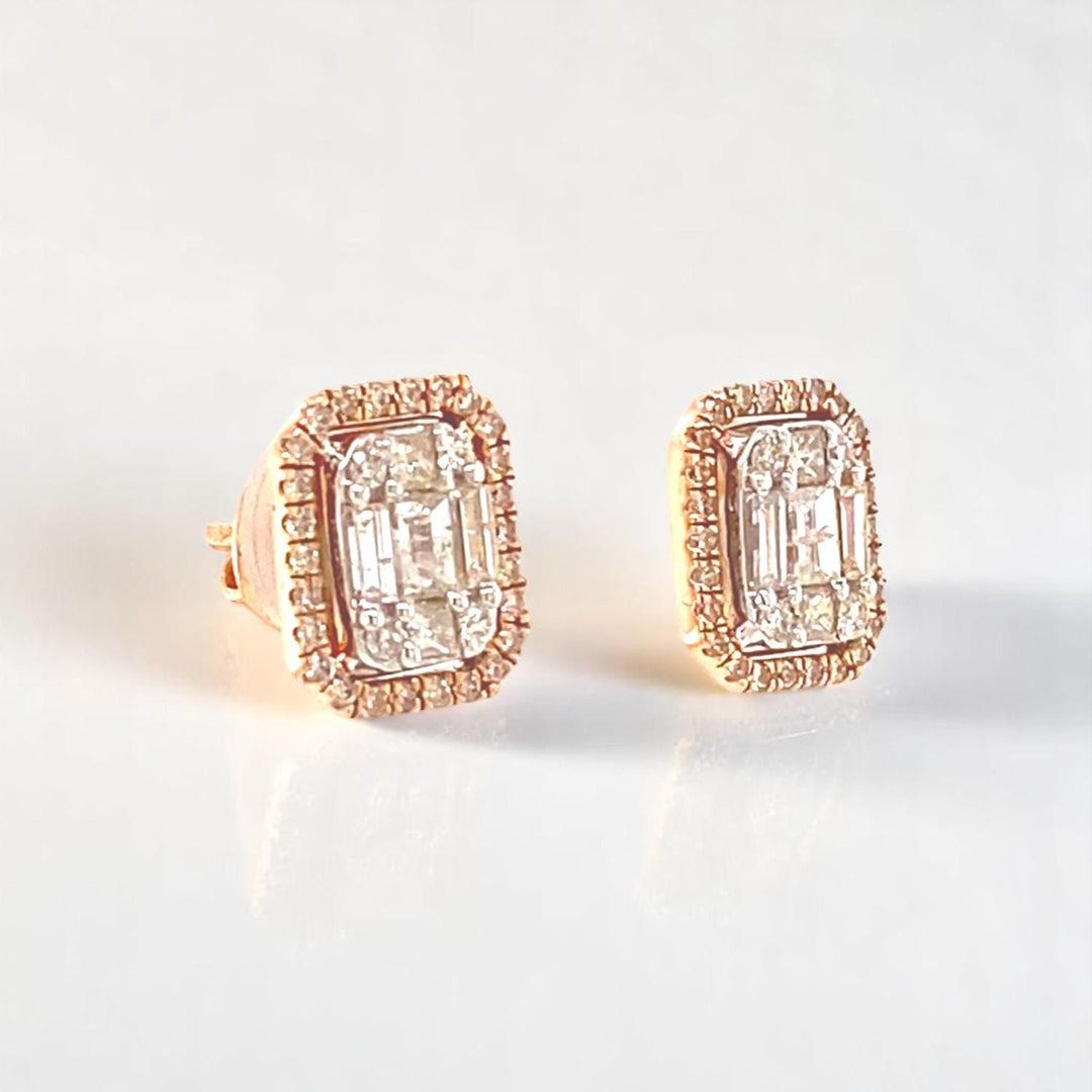 Diamond Halo Earrings, Illusion Setting, 14k Solid Gold, Baguette & Round Natural Diamonds, Everyday Studs, Ready To Ship, Women&#39;s Day Gift