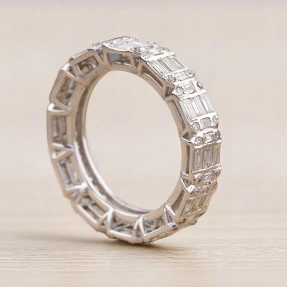 Emerald Illusion Wedding Ring, 14k Solid Gold, Baguette & Round Natural Diamonds, Stackable Eternity Band, Gift For Her