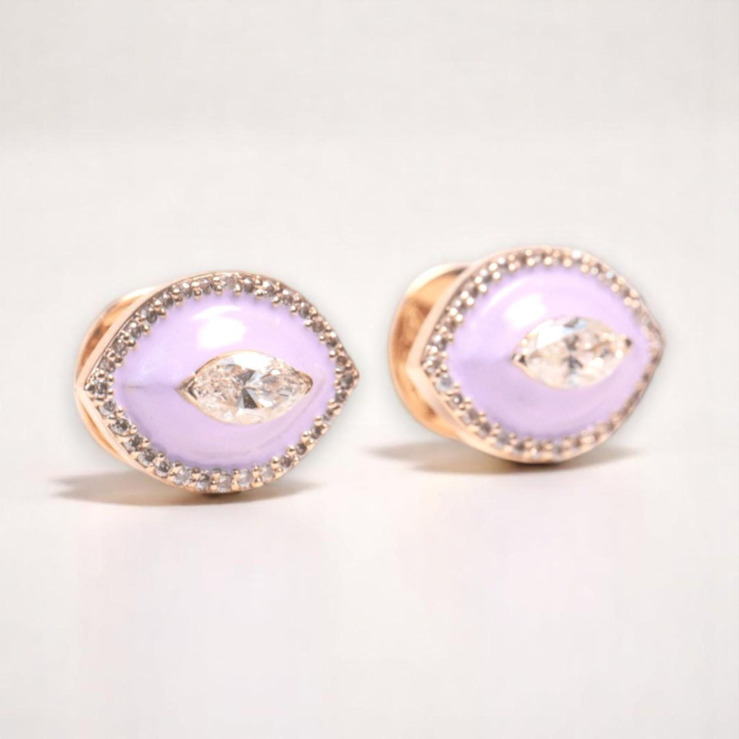 Eye shape Diamond Stud Earrings with Pink Enameling in 14k Solid Gold, Marquise & Round Natural Diamonds, Ready To Ship, Women&#39;s Day Gift