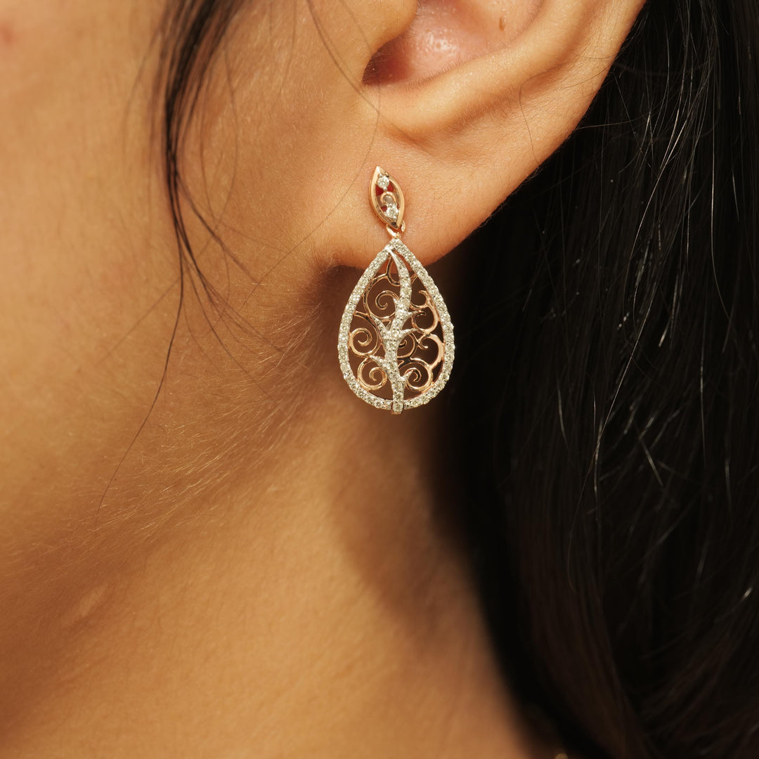 Teardrop Diamond Dangle Earrings, 14k Solid Gold, Natural Diamond, Dual Tone Bridal Earrings, Filigree Drop Earrings, Statement Earrings