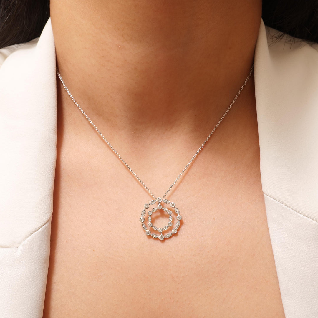 Circle Diamond Pendant Necklace, 14k Solid Gold, Natural Diamonds, Bezel And Illusion Set Pendant, Double Circle Layering Necklace