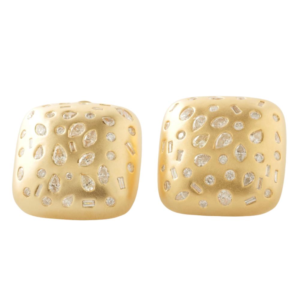 Gold Square Dome Diamond Studs, 14k Solid Gold, Natural Diamonds, Flush Set Matte Statement Cocktail Earrings, Ready To Ship, IGI Certified