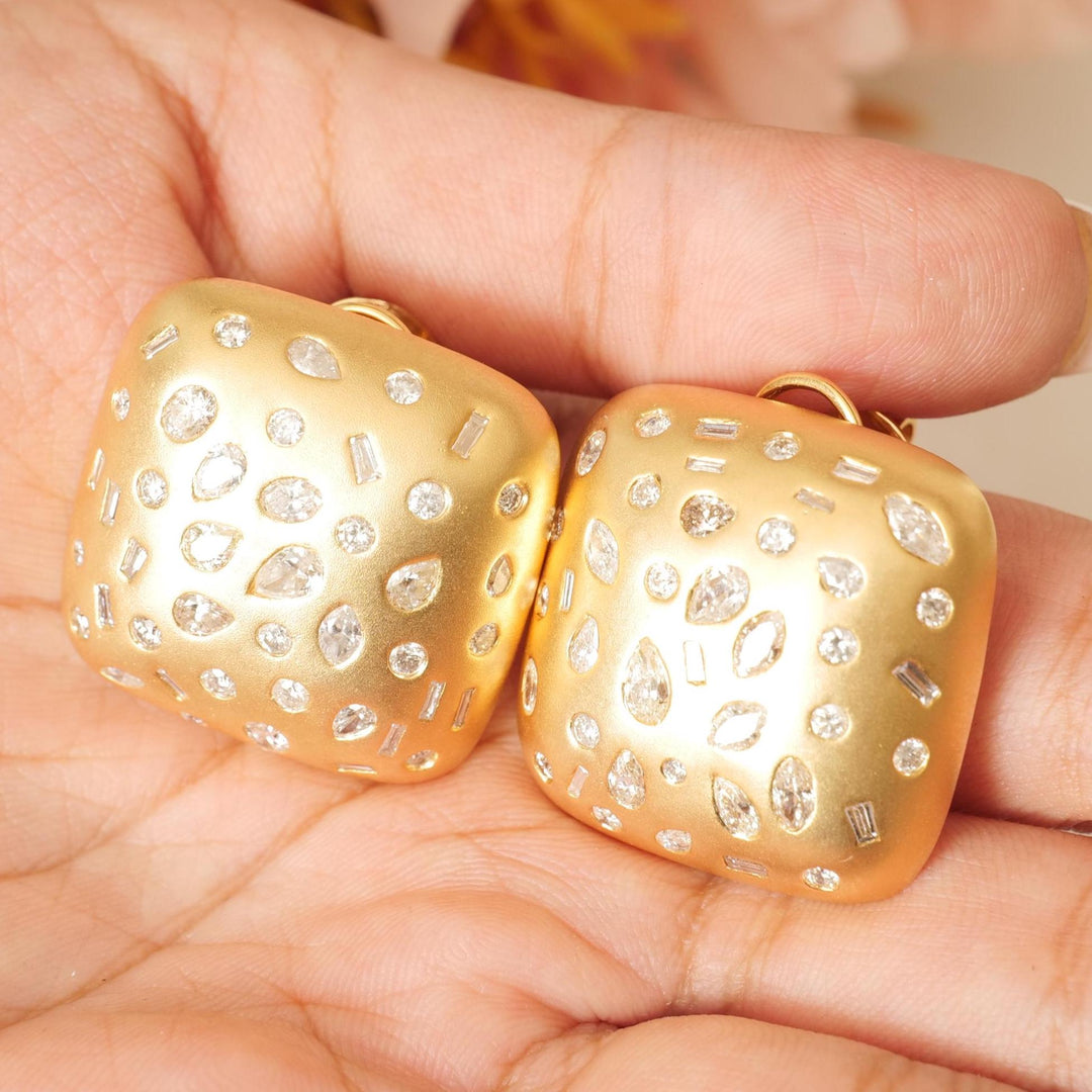 Gold Square Dome Diamond Studs, 14k Solid Gold, Natural Diamonds, Flush Set Matte Statement Cocktail Earrings, Ready To Ship, IGI Certified