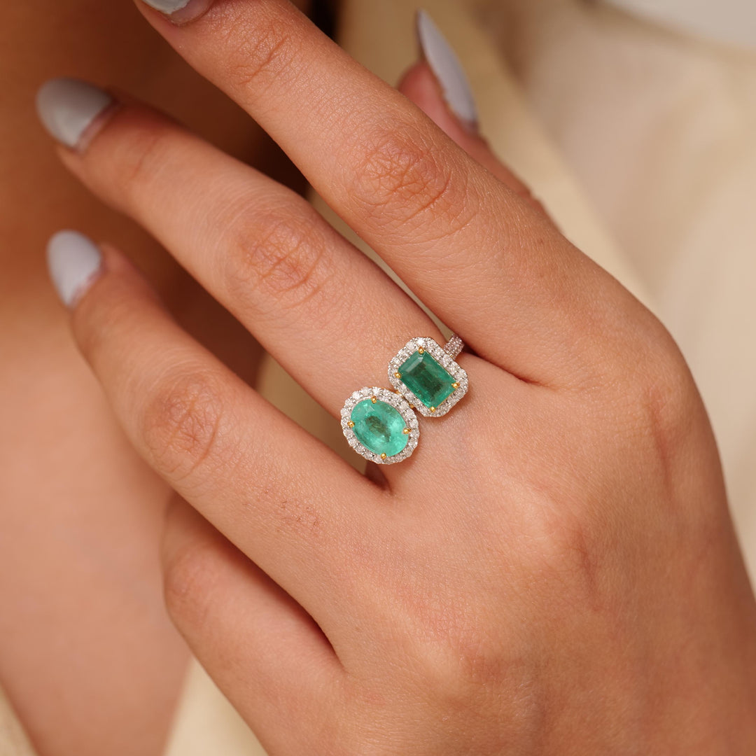 Emerald Gemstone Halo Diamond Ring, 14k Solid Gold, Natural Diamond, Statement Jewelry, Dual Tone Ring, Cocktail Ring, Gift for Her