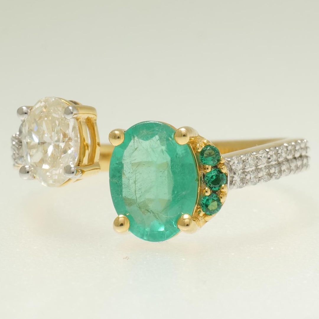 Oval Emerald Diamond Ring, 14k Solid Gold, Natural Diamond, Two Tone Statement Jewelry, Open Cuff Band, Cocktail Gemstone Ring