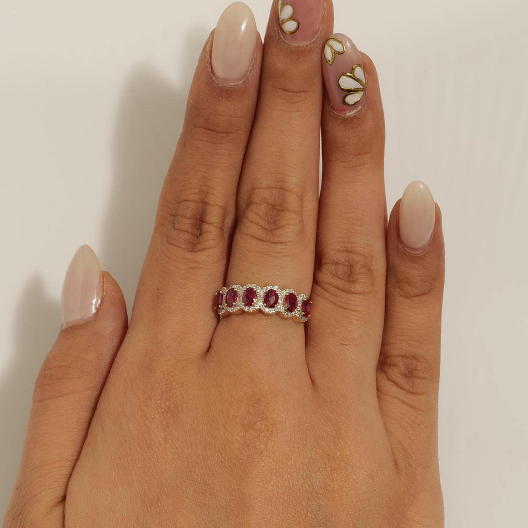 Oval Ruby Halo Diamond Ring, 14k Solid Gold, Natural Diamond, Half Eternity Band, Gemstone Cocktail Ring, Two Tone Wedding Statement Ring