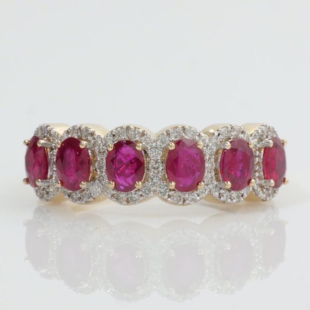 Oval Ruby Halo Diamond Ring, 14k Solid Gold, Natural Diamond, Half Eternity Band, Gemstone Cocktail Ring, Two Tone Wedding Statement Ring