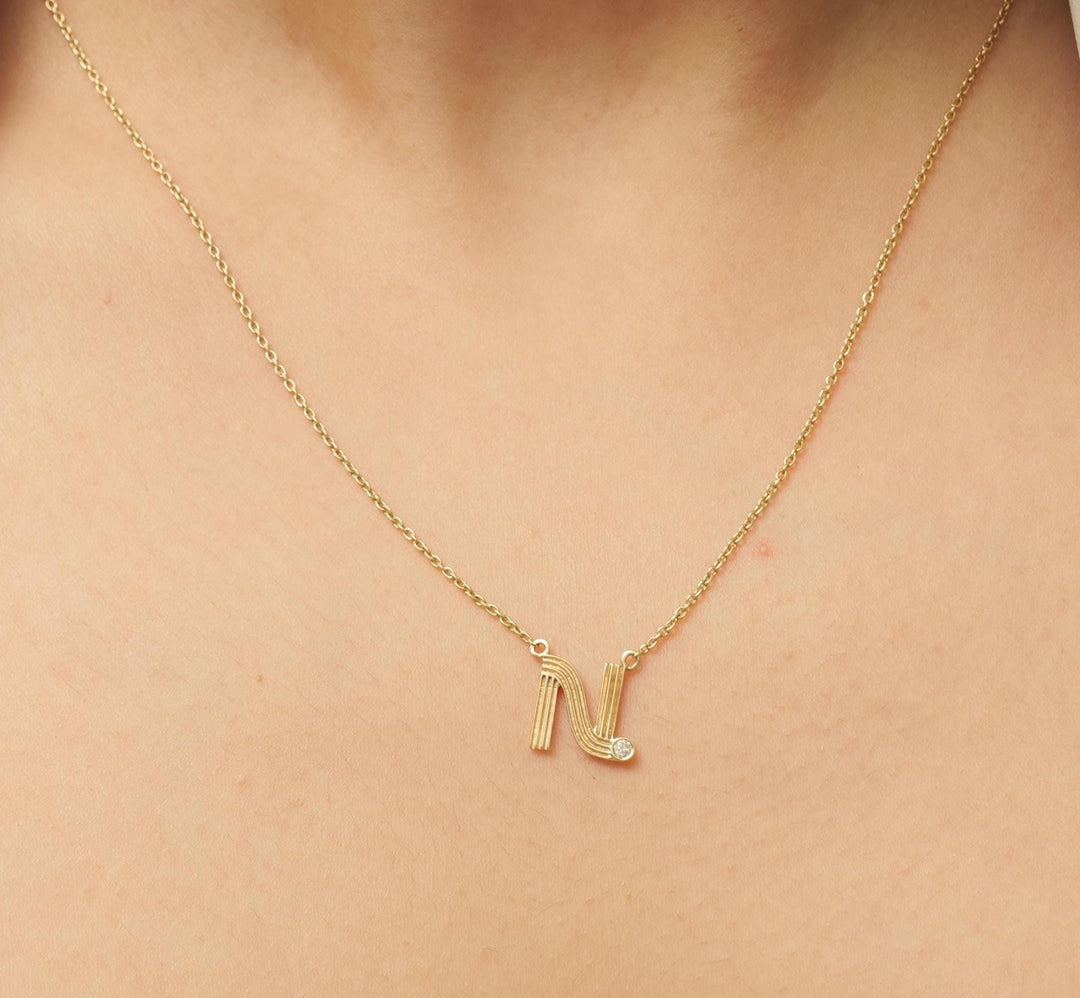 Personalized Initial Pendant Necklace, 14k Solid Gold Diamond Flute Letter, Natural Diamonds, Minimalist Custom Jewelry, Gift For Her