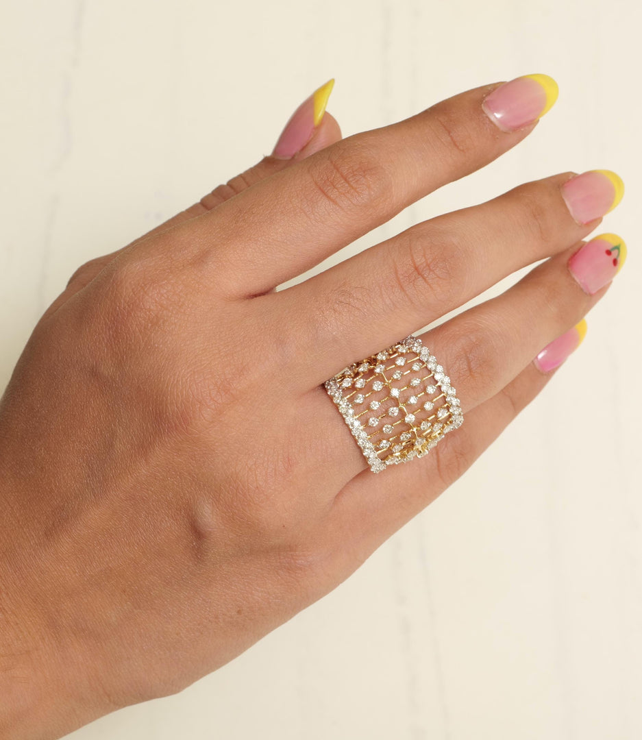 Celestial Diamond Ring, 14k Solid Gold, Natural Diamonds, Cage Statement Ring, Cocktail Ring,  Wide Band Mesh Setting, Gift for Her