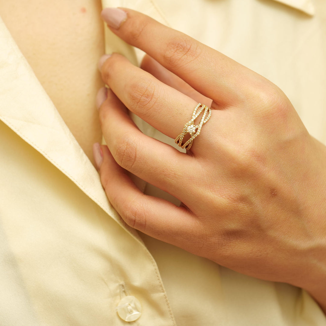 Criss Cross Solitaire Engagement Ring, 14k Solid Gold, Natural Diamonds, Twisted Band Statement Ring, Wedding Bridal Ring, Gift For Her