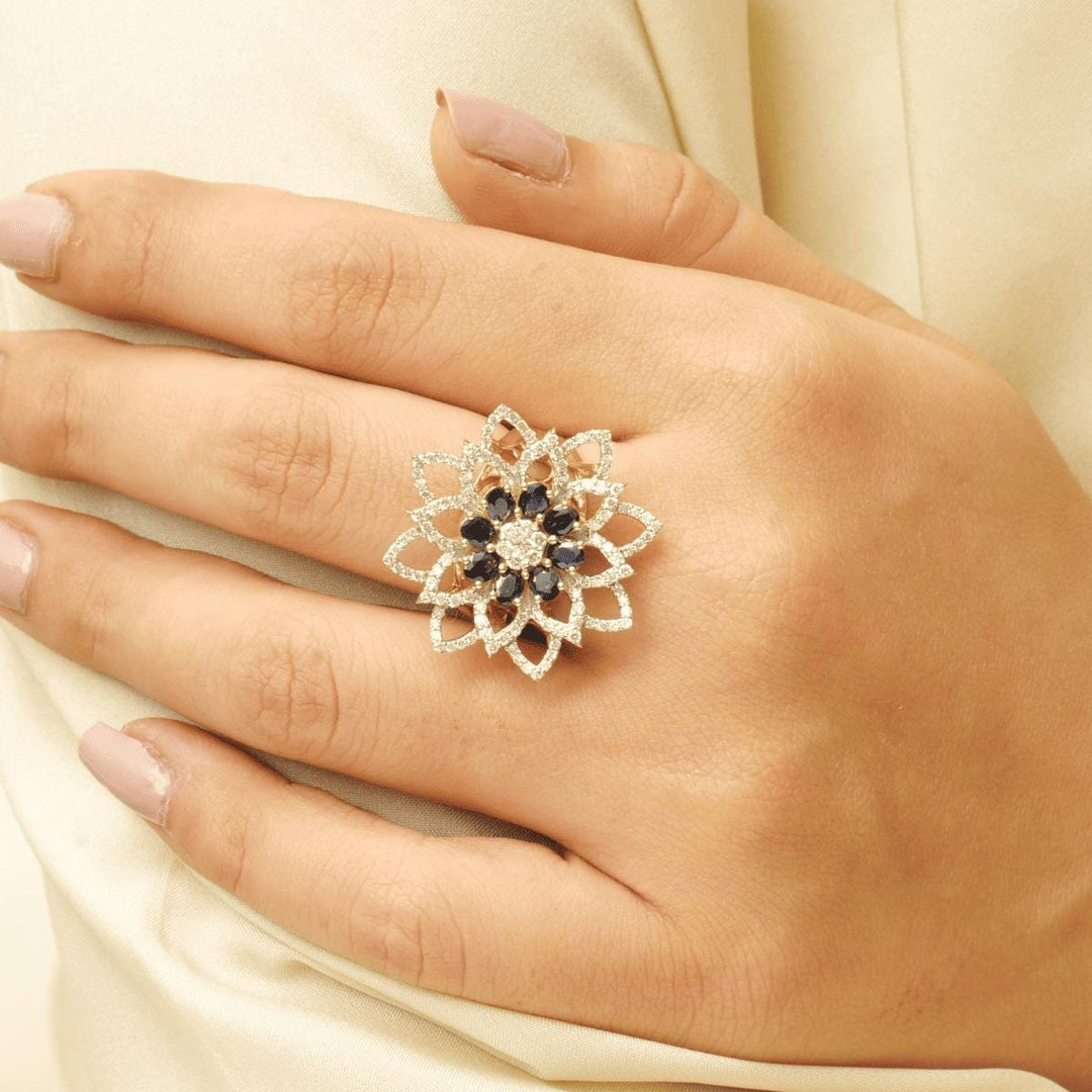 Flower Natural Diamond & Blue Sapphire Ring: 14K Solid Gold Gemstone Cocktail Ring, Certified Jewelry