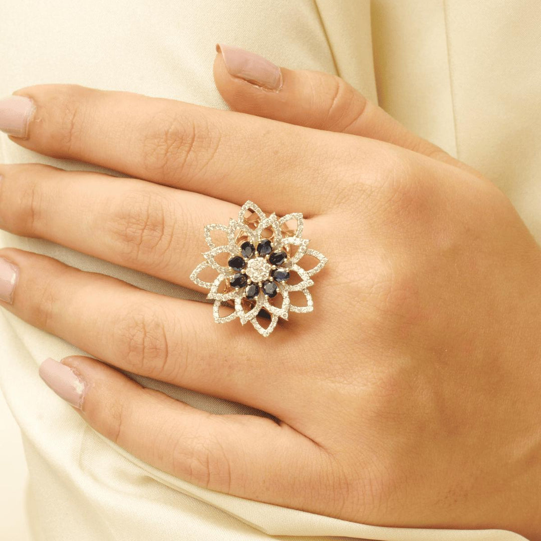 Flower Natural Diamond & Blue Sapphire Ring: 14K Solid Gold Gemstone Cocktail  Ring, IGI Certified, Ready To Ship
