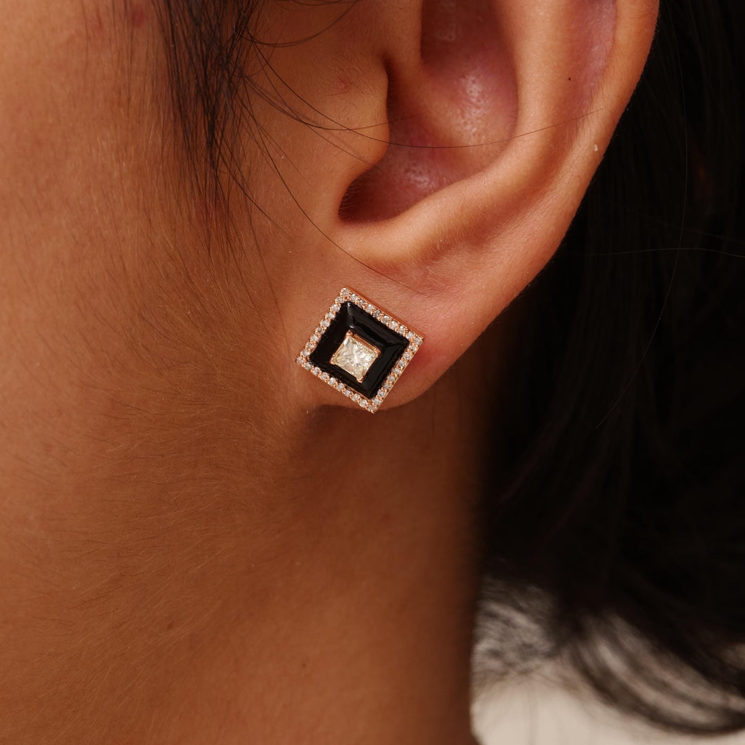 Princess Diamond Stud Earrings with Black Enameling in 14k Solid Gold, Princess & Round Natural Diamonds, Ready To Ship, Women&#39;s Day Gift