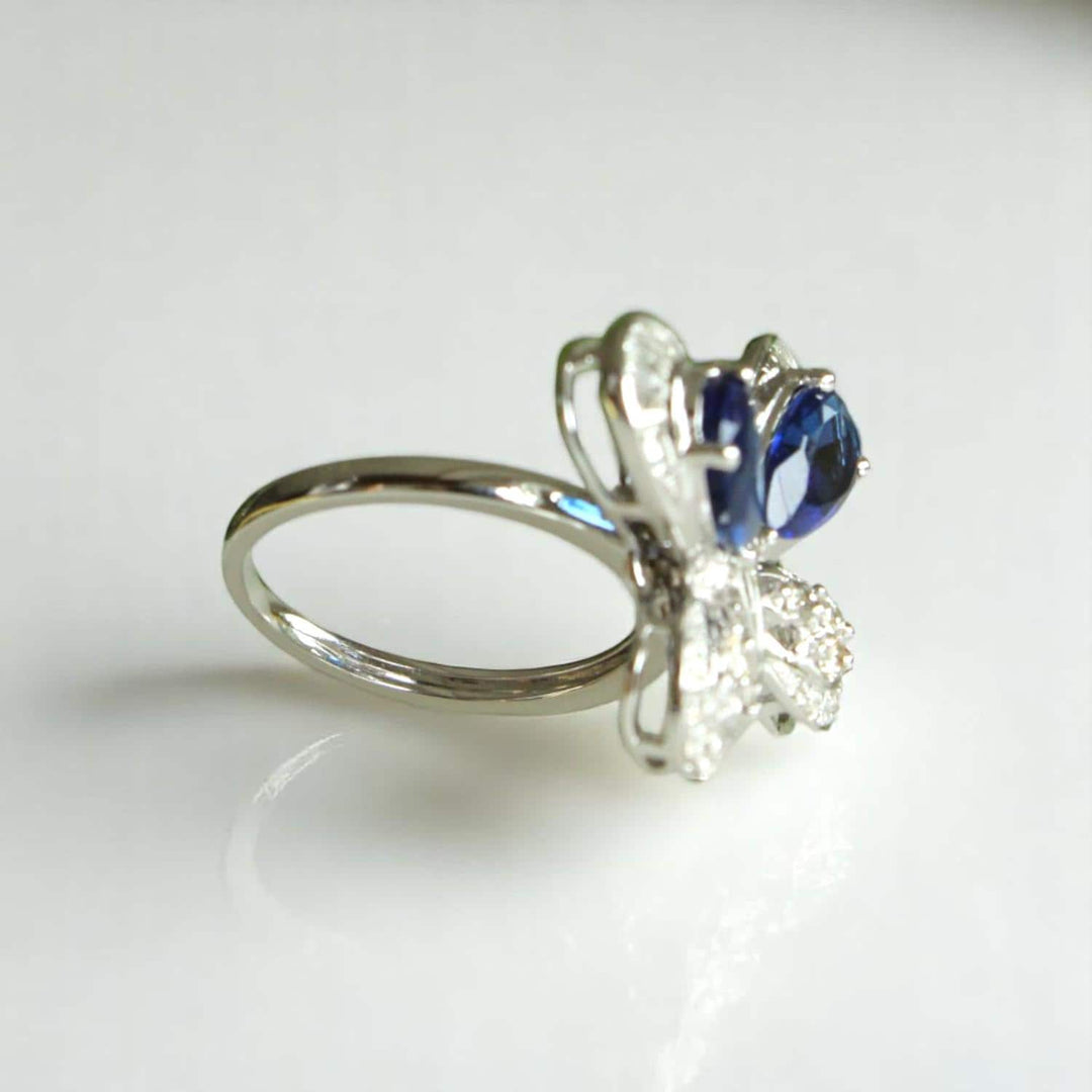 Blue Sapphire Butterfly Diamond Ring, 14K Solid Gold, Natural Diamonds, Insect Jewelry, Gemstone Cocktail Ring, Ready To Ship